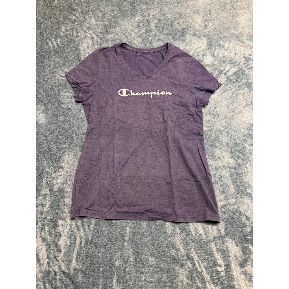 Champion Women's Large Purple V-Neck T-Shirt Heathered Graphic Logo